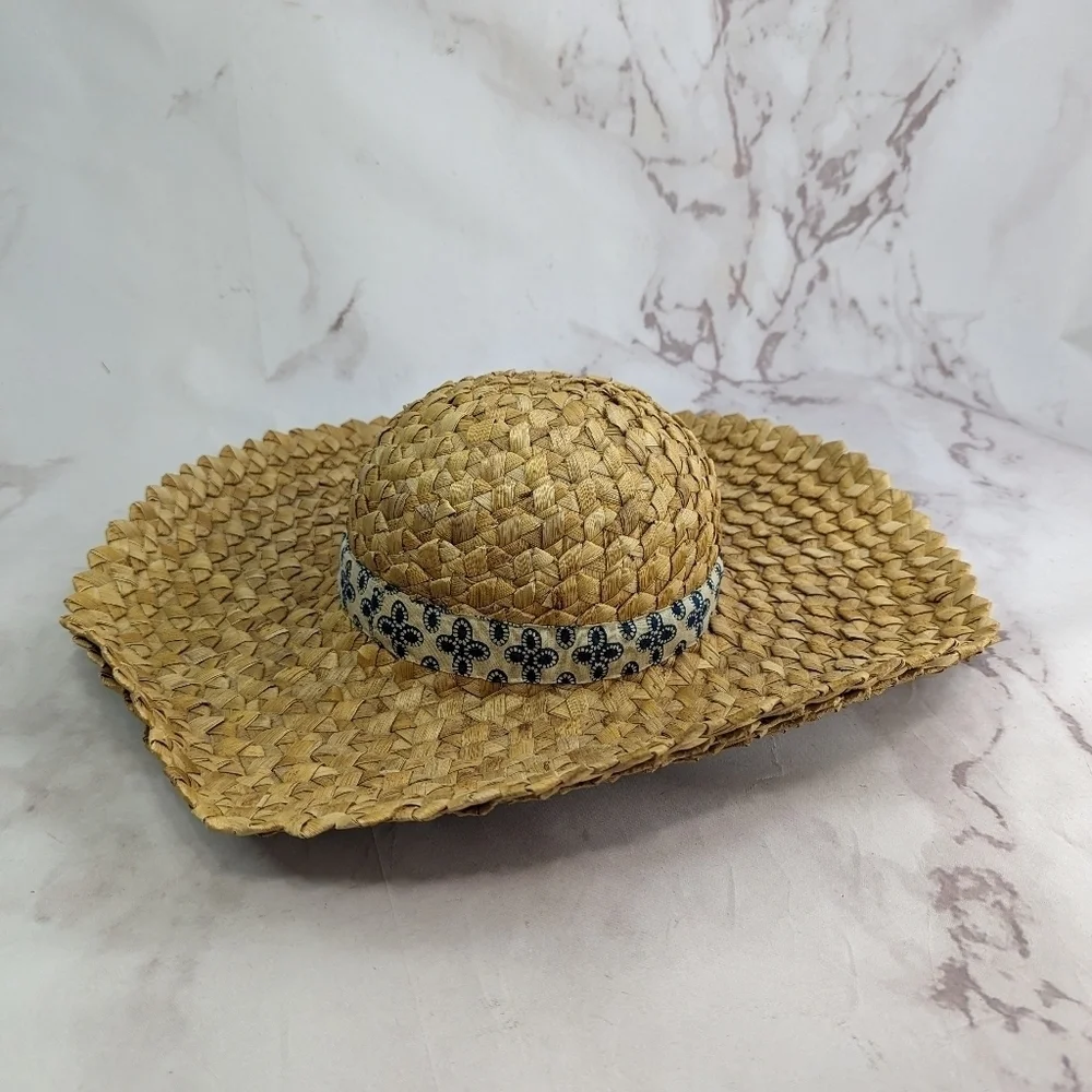 Vintage Hat Straw Sun Ladies Wide Brim Beach Shade Floppy Fabric Indego Africa - Picture 10 of 11
